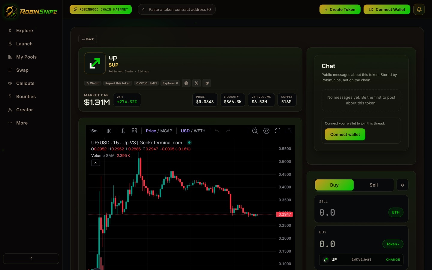 A live token page on RobinSnipe — real chart, market data and trade panel