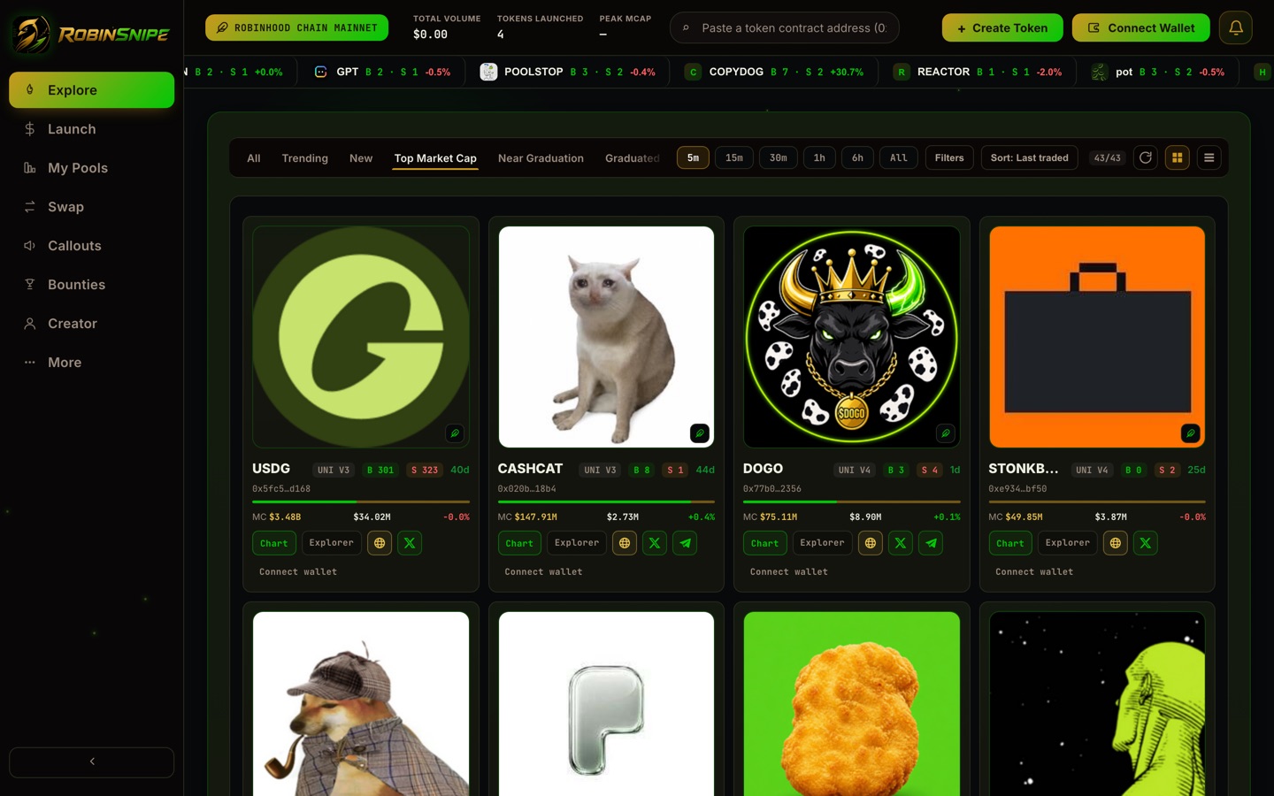 The real RobinSnipe Explore feed — live markets on Robinhood Chain